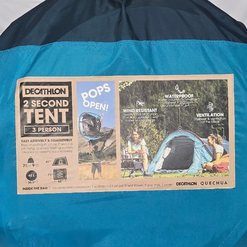 Decathlon Quechua 2 Second Pop Up Tent 3 Person Blue Waterproof Camping.